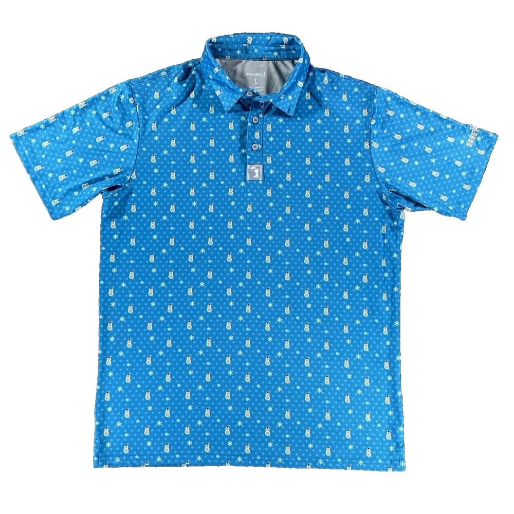 Bogey Bros Mens Blue Polo Shirt Snowman Graphic Golf Performance Stretch Large